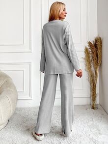 SHEIN Petite Size Cotton Women 2 Pcs Rib Knitted Grey With Contrast Colour Slogan Lettered Round Neck Long - Grey - View 2
