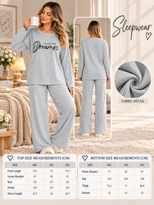 SHEIN Petite Size Cotton Women 2 Pcs Rib Knitted Grey With Contrast Colour Slogan Lettered Round Neck Long - Grey - View 5