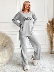SHEIN Petite Size Cotton Women 2 Pcs Rib Knitted Grey With Contrast Colour Slogan Lettered Round Neck Long - Grey - View 6