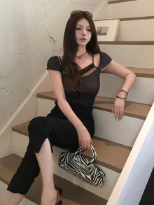 Joudiya 春夏鏤空蕾絲網格拼接 2合1黑色短洋裝 情人節婚禮宴會舞會晚禮服 時尚派對修身優雅通勤透視網格T恤短袖女上衣 - 灰色 - 查看 10