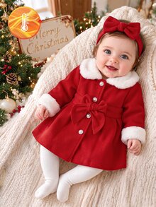 Souflis Souflis Baby Girl Red Wool Blend Coat, Faux Fur Collar Big Bow Decor Button Front Pleated Warm Winter Christmas Outerwear - Red - View 1