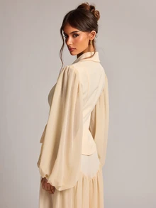 SHEIN BAE Cream White Chiffon Panel Fitted Blazer, Elegant French Romantic Long Sleeve Suit Jacket For Office Tea Party Date Night Brunch Wedding Summer - Apricot - View 2