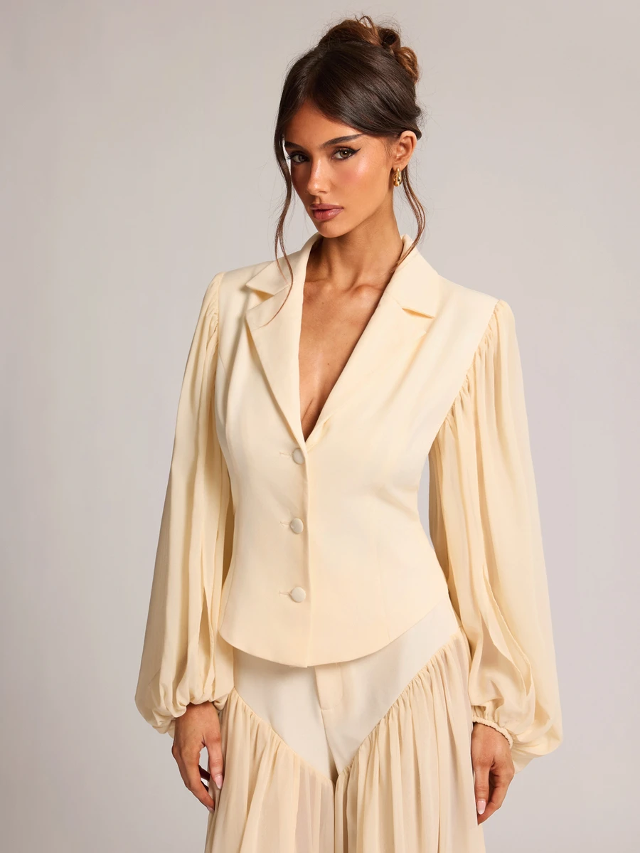 SHEIN BAE Cream White Chiffon Panel Fitted Blazer, Elegant French Romantic Long Sleeve Suit Jacket For Office Tea Party Date Night Brunch Wedding Summer - Apricot - View 1