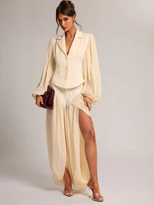 SHEIN BAE Cream White Chiffon Panel Fitted Blazer, Elegant French Romantic Long Sleeve Suit Jacket For Office Tea Party Date Night Brunch Wedding Summer - Apricot - View 7