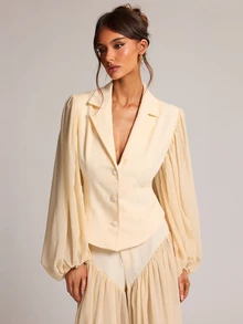 SHEIN BAE Cream White Chiffon Panel Fitted Blazer, Elegant French Romantic Long Sleeve Suit Jacket For Office Tea Party Date Night Brunch Wedding Summer - Apricot - View 8