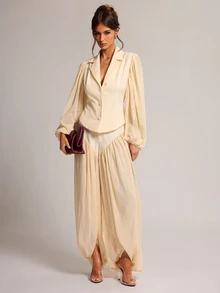 SHEIN BAE Cream White Chiffon Panel Fitted Blazer, Elegant French Romantic Long Sleeve Suit Jacket For Office Tea Party Date Night Brunch Wedding Summer - Apricot - View 6