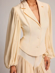 SHEIN BAE Cream White Chiffon Panel Fitted Blazer, Elegant French Romantic Long Sleeve Suit Jacket For Office Tea Party Date Night Brunch Wedding Summer - Apricot - View 4