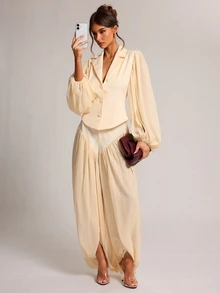 SHEIN BAE Cream White Chiffon Panel Fitted Blazer, Elegant French Romantic Long Sleeve Suit Jacket For Office Tea Party Date Night Brunch Wedding Summer - Apricot - View 5