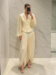 SHEIN BAE Cream White Chiffon Panel Fitted Blazer, Elegant French Romantic Long Sleeve Suit Jacket For Office Tea Party Date Night Brunch Wedding Summer - Apricot - View 3