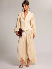 SHEIN BAE Cream White Chiffon Panel Fitted Blazer, Elegant French Romantic Long Sleeve Suit Jacket For Office Tea Party Date Night Brunch Wedding Summer - Apricot - View 9