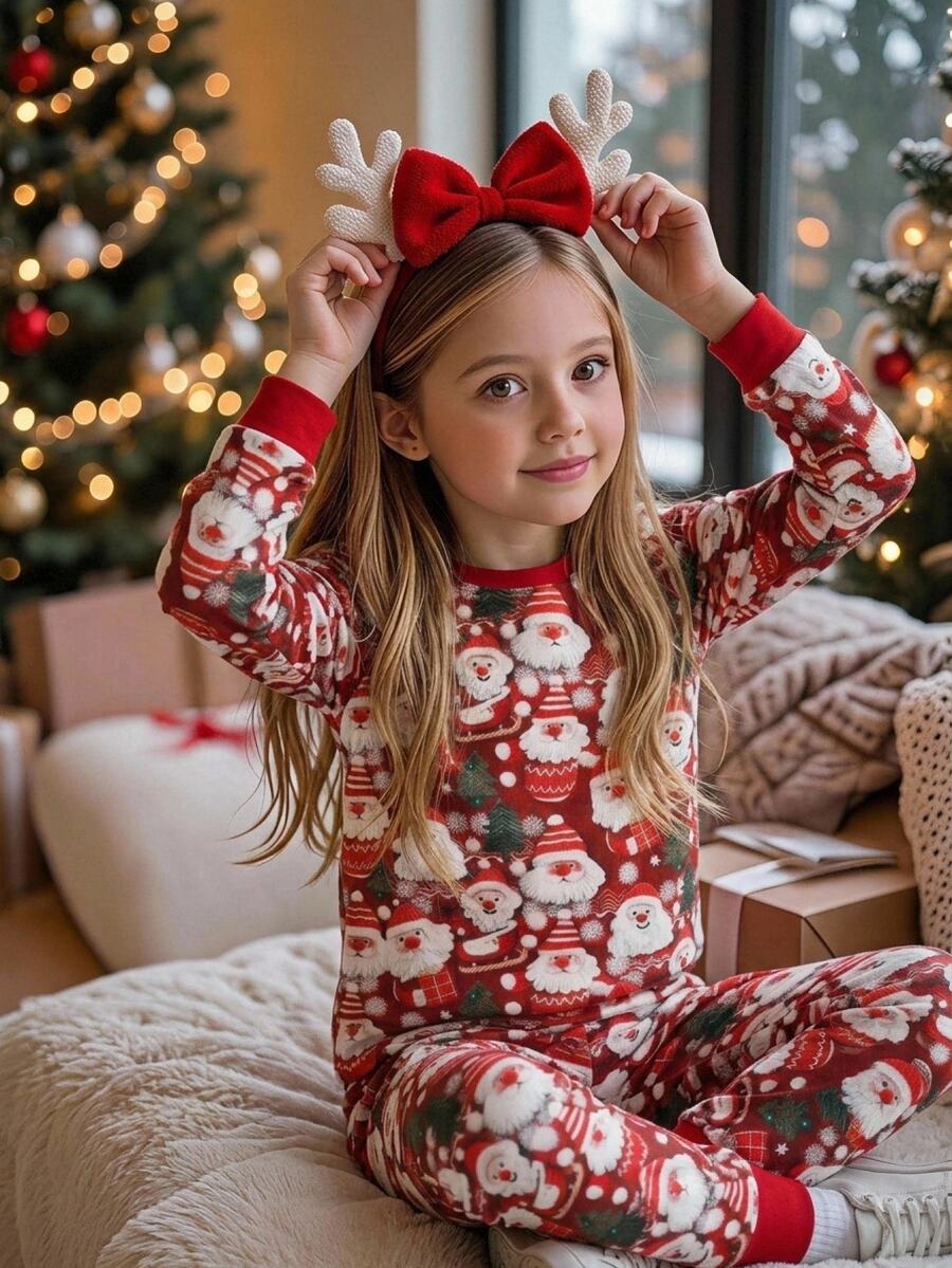 SHEIN 兒童青少年女孩聖誕款秋冬居家簡約長袖褲裝套裝修身版 - 紅白色 - 查看 1