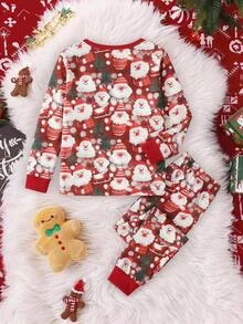 SHEIN 兒童青少年女孩聖誕款秋冬居家簡約長袖褲裝套裝修身版 - 紅白色 - 查看 7