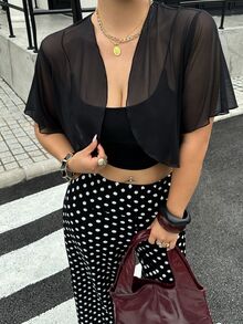 Muchica 大尺碼女款黑色短袖開襟短版上衣 秋季婚禮正式場合雞尾酒會 婚禮賓客 新娘母親 性感休閒優雅 秋季 - 黑色 - 查看 8