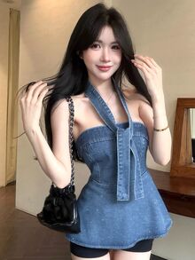 Joudiya Blue,Summer,Seksi Chic,Night Out Shiny Rhinestone Sequin Decor Sweetheart Neck Ruffle Hem Slim Fit Casual Denim Top For Women Fashion Party Gown - Blue - View 10