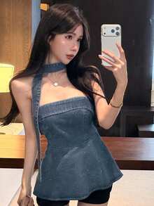 Joudiya Blue,Summer,Seksi Chic,Night Out Shiny Rhinestone Sequin Decor Sweetheart Neck Ruffle Hem Slim Fit Casual Denim Top For Women Fashion Party Gown - Blue - View 3