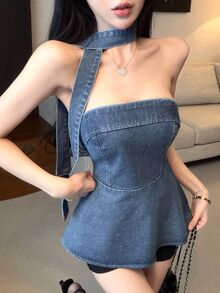 Joudiya Blue,Summer,Seksi Chic,Night Out Shiny Rhinestone Sequin Decor Sweetheart Neck Ruffle Hem Slim Fit Casual Denim Top For Women Fashion Party Gown - Blue - View 5