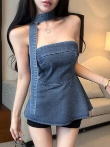 Joudiya Blue,Summer,Seksi Chic,Night Out Shiny Rhinestone Sequin Decor Sweetheart Neck Ruffle Hem Slim Fit Casual Denim Top For Women Fashion Party Gown - Blue - View 4