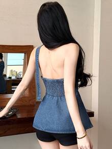 Joudiya Blue,Summer,Seksi Chic,Night Out Shiny Rhinestone Sequin Decor Sweetheart Neck Ruffle Hem Slim Fit Casual Denim Top For Women Fashion Party Gown - Blue - View 7