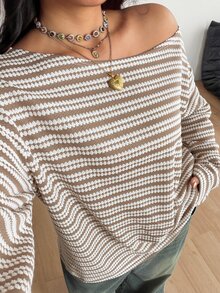 Coolane 女款大尺碼秋冬優雅街頭風外出 Y2K 休閒寬鬆不對稱領長袖白色米色條紋 T 恤 - 杏色 - 查看 4