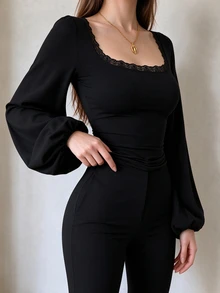 INAWLY Kaos Wanita Ukuran Besar dengan Leher Persegi Berenda, Lengan Lentera, Lengan Panjang, Seksi, Pas Badan - Hitam - View 3