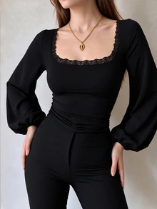 INAWLY Kaos Wanita Ukuran Besar dengan Leher Persegi Berenda, Lengan Lentera, Lengan Panjang, Seksi, Pas Badan - Hitam - View 5