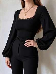 INAWLY Kaos Wanita Ukuran Besar dengan Leher Persegi Berenda, Lengan Lentera, Lengan Panjang, Seksi, Pas Badan - Hitam - View 6