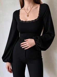 INAWLY Kaos Wanita Ukuran Besar dengan Leher Persegi Berenda, Lengan Lentera, Lengan Panjang, Seksi, Pas Badan - Hitam - View 4