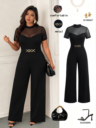 Femmeverse Plus Size Women's Fashion Elegant Round Neck Mesh Patchwork Short Sleeve, Waist Metal Buckle Decor Straight Leg Solid Color Jumpsuit, Suitable For Spring And Summer