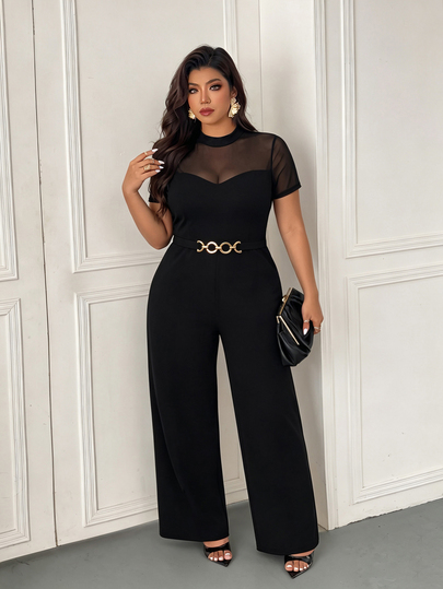 Femmeverse Plus Size Women's Fashion Elegant Round Neck Mesh Patchwork Short Sleeve, Waist Metal Buckle Decor Straight Leg Solid Color Jumpsuit, Suitable For Spring And Summer