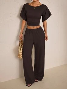 SHEIN PETITE Women's Solid Color Boat Neck Batwing Short Sleeve Cropped Top And Long Pants Casual 2 Pieces Set - Brown - View 5