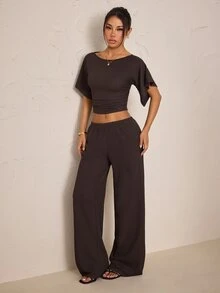 SHEIN PETITE Women's Solid Color Boat Neck Batwing Short Sleeve Cropped Top And Long Pants Casual 2 Pieces Set - Brown - View 4