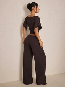 SHEIN PETITE Women's Solid Color Boat Neck Batwing Short Sleeve Cropped Top And Long Pants Casual 2 Pieces Set - Brown - View 2