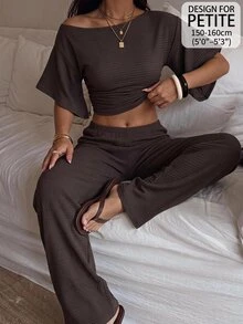 SHEIN PETITE Women's Solid Color Boat Neck Batwing Short Sleeve Cropped Top And Long Pants Casual 2 Pieces Set - Brown - View 1