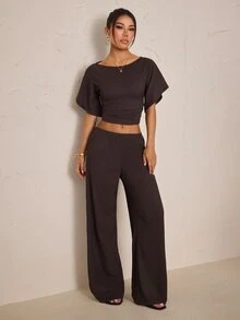 SHEIN PETITE Women's Solid Color Boat Neck Batwing Short Sleeve Cropped Top And Long Pants Casual 2 Pieces Set - Brown - View 8