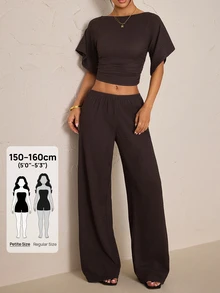 SHEIN PETITE Women's Solid Color Boat Neck Batwing Short Sleeve Cropped Top And Long Pants Casual 2 Pieces Set - Brown - View 11