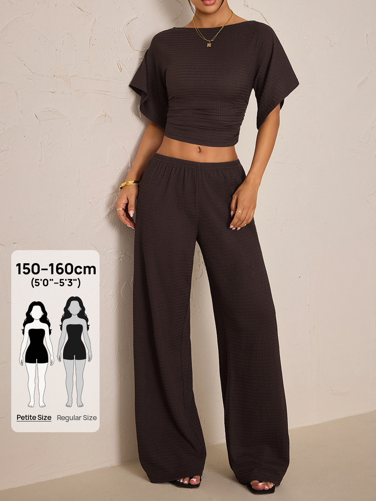 SHEIN PETITE 女款純色船領蝙蝠袖短袖短版上衣與長褲休閒兩件套 - 棕色 - 查看 11