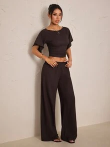 SHEIN PETITE Women's Solid Color Boat Neck Batwing Short Sleeve Cropped Top And Long Pants Casual 2 Pieces Set - Brown - View 3