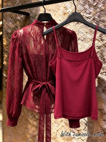 SHEIN Franclia 優雅立領雪紡領結女式襯衫，適合通勤與約會 - 酒紅色 - 查看 2