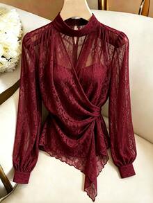 SHEIN Franclia 優雅立領雪紡領結女式襯衫，適合通勤與約會 - 酒紅色 - 查看 5