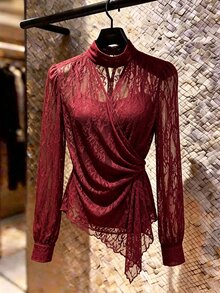 SHEIN Franclia 優雅立領雪紡領結女式襯衫，適合通勤與約會 - 酒紅色 - 查看 6