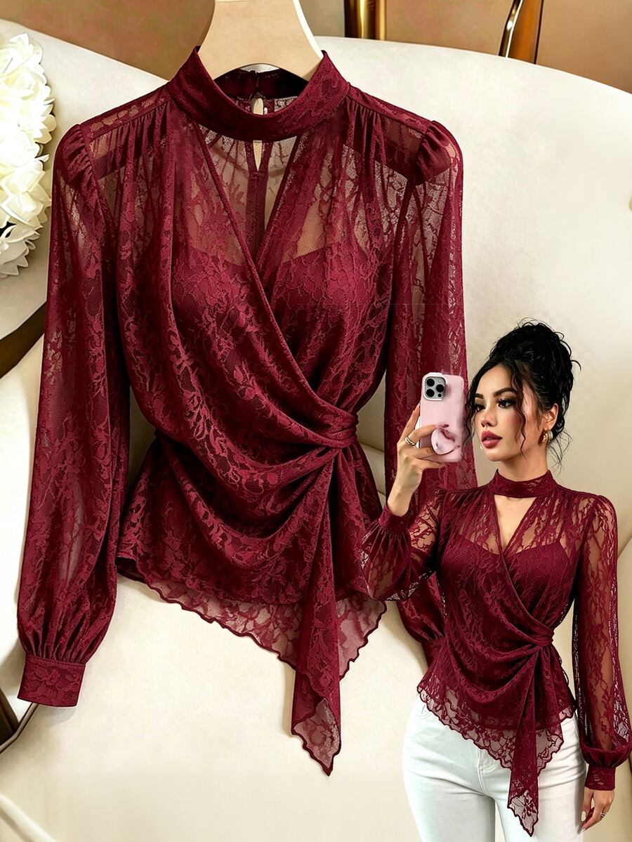 SHEIN Franclia 優雅立領雪紡領結女式襯衫,適合通勤與約會 - 酒紅色 - 查看 1