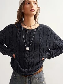 Bohemela Women's Crew Neck Long-Sleeve Cable-Knit Casual Sweater With A Vintage Washed Finish For Fall, Perfect For Vacations, Halloween, Everyday Dark Grey - Dark Grey - View 4