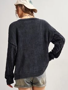 Bohemela Women's Crew Neck Long-Sleeve Cable-Knit Casual Sweater With A Vintage Washed Finish For Fall, Perfect For Vacations, Halloween, Everyday Dark Grey - Dark Grey - View 7