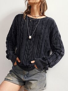 Bohemela Women's Crew Neck Long-Sleeve Cable-Knit Casual Sweater With A Vintage Washed Finish For Fall, Perfect For Vacations, Halloween, Everyday Dark Grey - Dark Grey - View 1