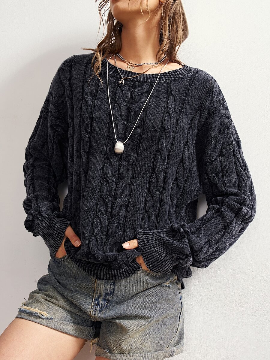 Bohemela Women's Crew Neck Long-Sleeve Cable-Knit Casual Sweater With A Vintage Washed Finish For Fall, Perfect For Vacations, Halloween, Everyday Dark Grey - Dark Grey - View 1