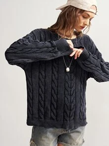 Bohemela Women's Crew Neck Long-Sleeve Cable-Knit Casual Sweater With A Vintage Washed Finish For Fall, Perfect For Vacations, Halloween, Everyday Dark Grey - Dark Grey - View 6