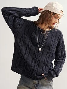 Bohemela Women's Crew Neck Long-Sleeve Cable-Knit Casual Sweater With A Vintage Washed Finish For Fall, Perfect For Vacations, Halloween, Everyday Dark Grey - Dark Grey - View 3
