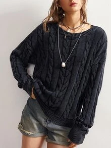Bohemela Women's Crew Neck Long-Sleeve Cable-Knit Casual Sweater With A Vintage Washed Finish For Fall, Perfect For Vacations, Halloween, Everyday Dark Grey - Dark Grey - View 2