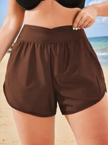 SHEIN Swim Curve Plus Size Women Beach Shorts And Cover Up, Solid Color For Summer Beach Vacation - Coffee Brown - View 3