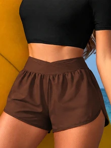 SHEIN Swim Curve Plus Size Women Beach Shorts And Cover Up, Solid Color For Summer Beach Vacation - Coffee Brown - View 1